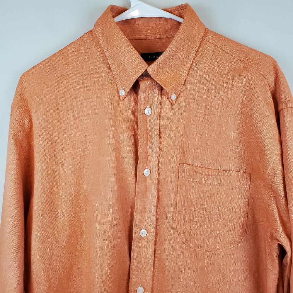 Turtleson Orange Herringbone Button Down Shirt Size M Mens Cotton Long Sleeve